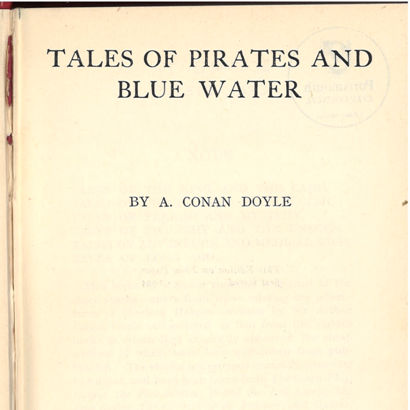 The tile page of tales of pirates and blue water by Conan Doyle